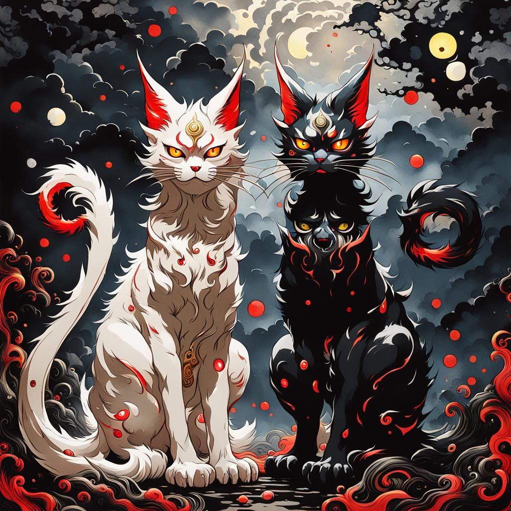 Nekomata Demons in Japanese Ink and Watercolor Style