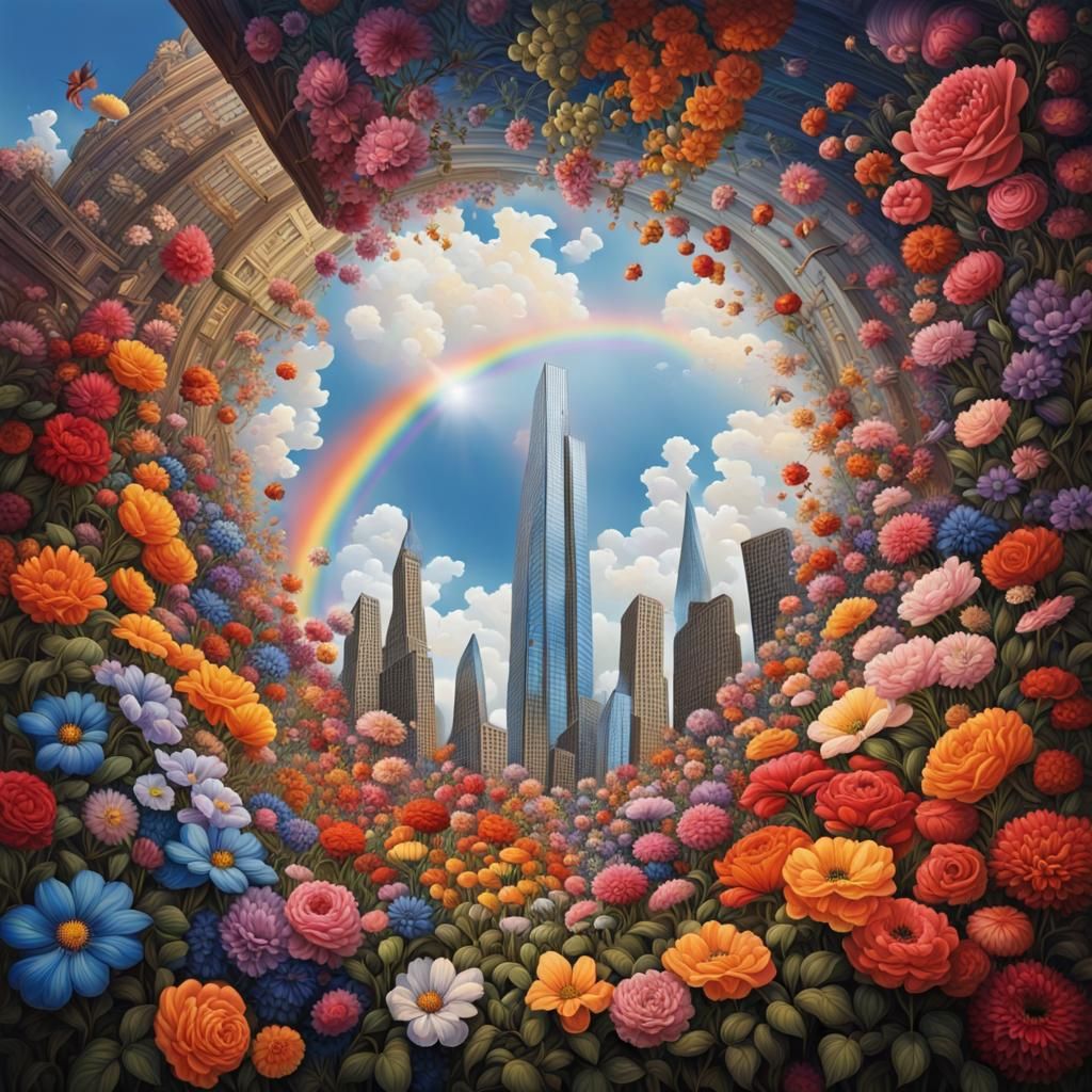 Surreal Dreamscape: Flowers, Cities, and Rainbows