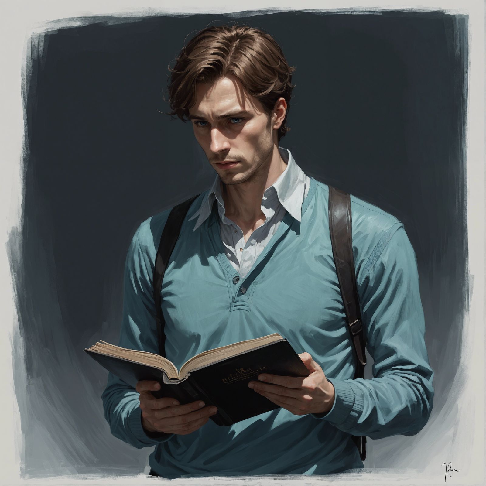 Pale Man in Shadows Holds Book: Digital Portrait