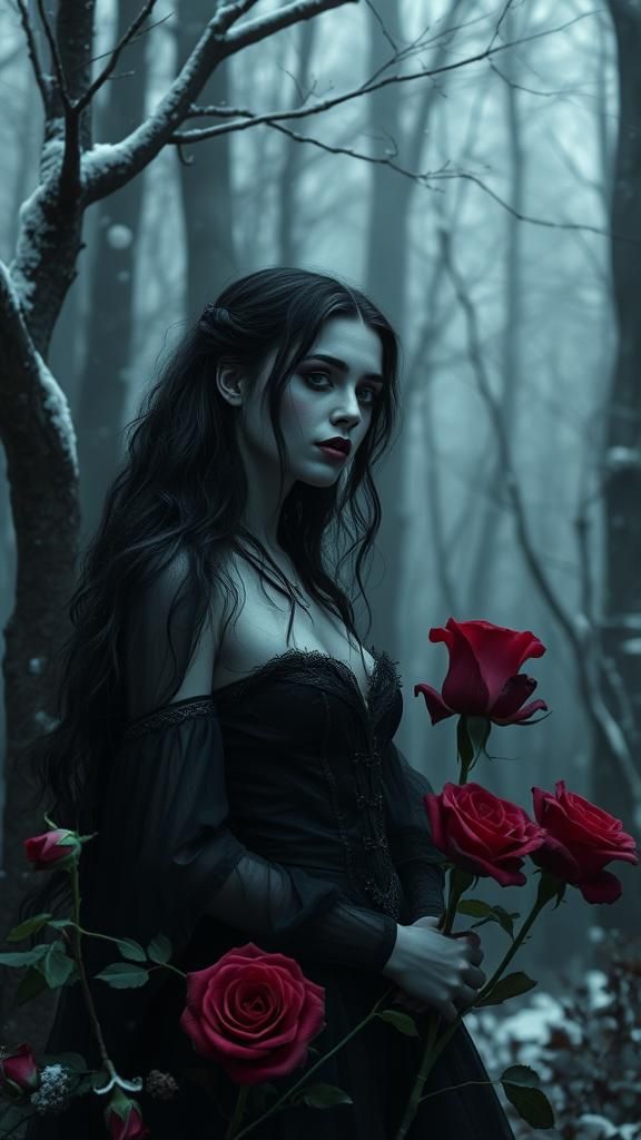 Vampire Girl in Dark Forest with Snow
