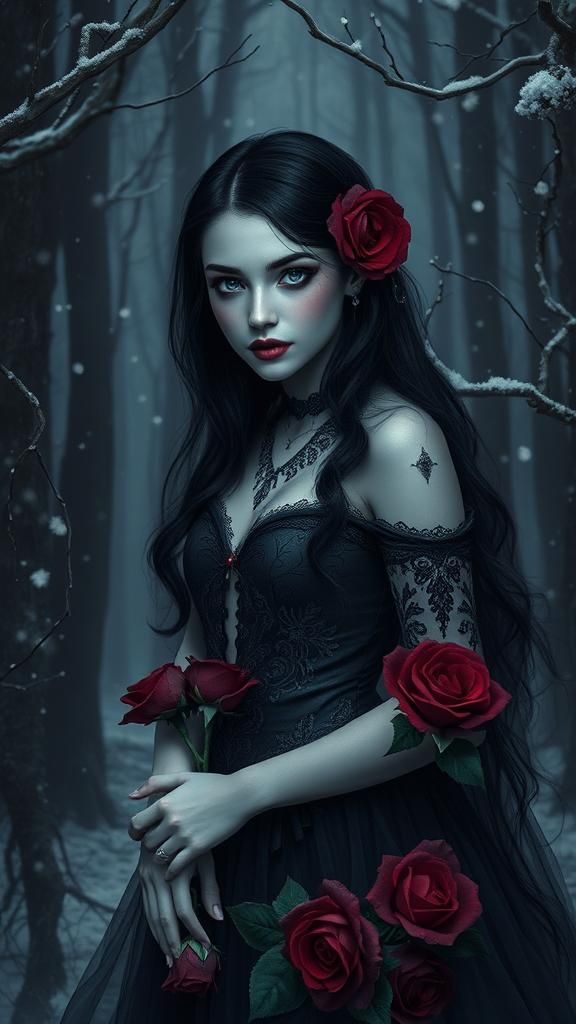 Gothic Vampire Girl in Snowy Forest