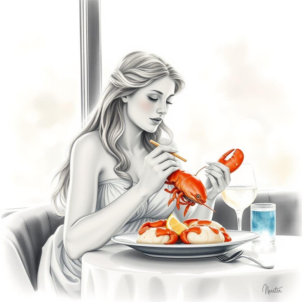 Aphrodite's Lobster Feast: Botticelli-Inspired Watercolor