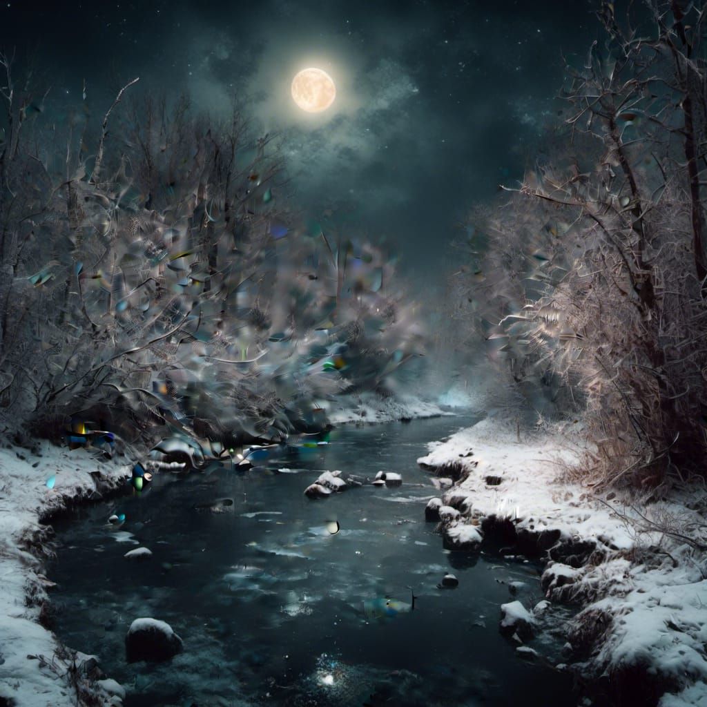 Moonlit Winter Riverscape Reflecting Starry Night