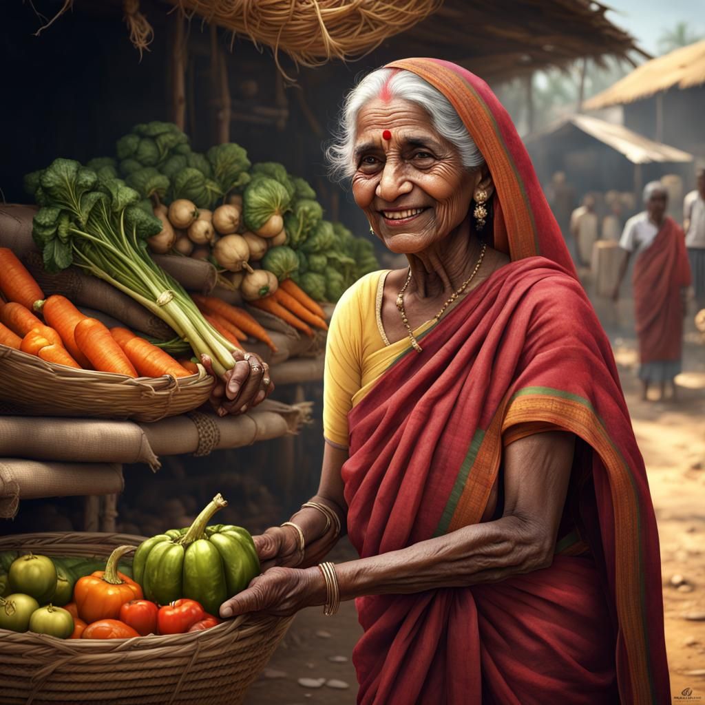 A South Indian old poor lady, attractive face, big eyes, smiling face, wearing cotton saree, selling vegetables in a vil...