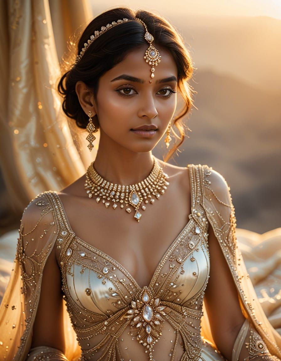 Ethereal Indian Woman in Jeweled Silk Gown