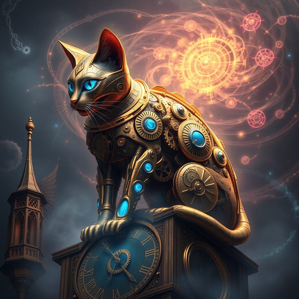 Clockwork Cat on Mystical Clock Tower in Fantasy Art