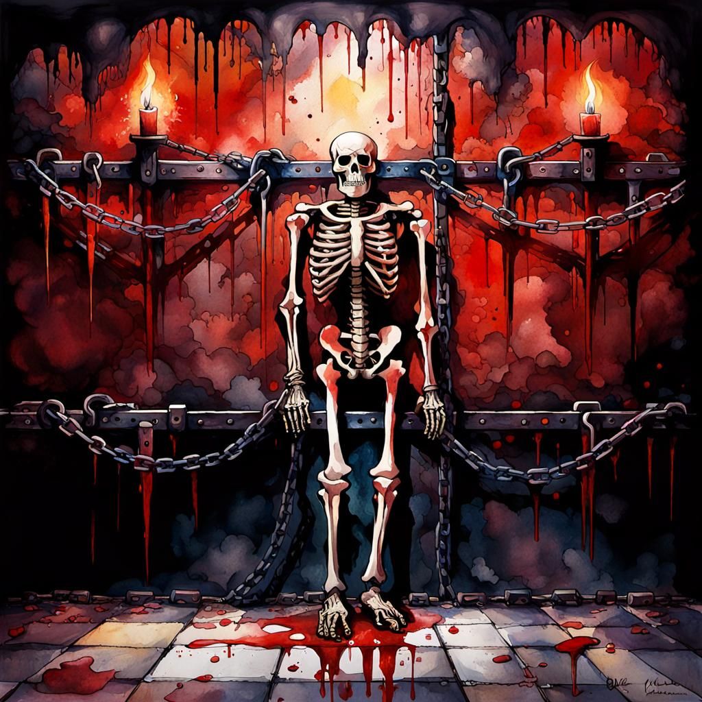 The Forsaken Crypt: A Desolate Dungeon's Chained Skeleton