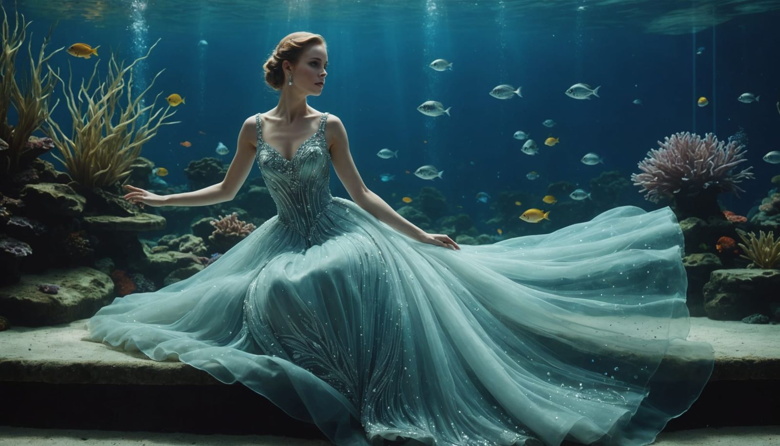 Woman Floats in Diamond-Adorned Dress Within Aquarium