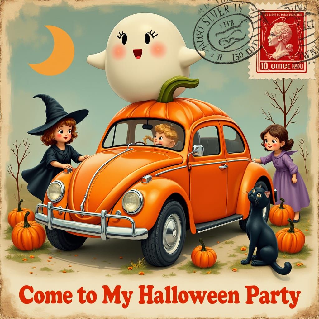 Vintage Halloween Postcard Art with Cute Ghost and Pumpkin B...