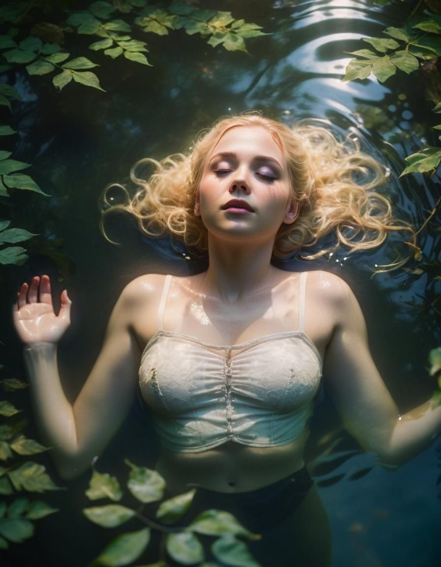 Ophelia Floats in Water Surrounded by Foliage