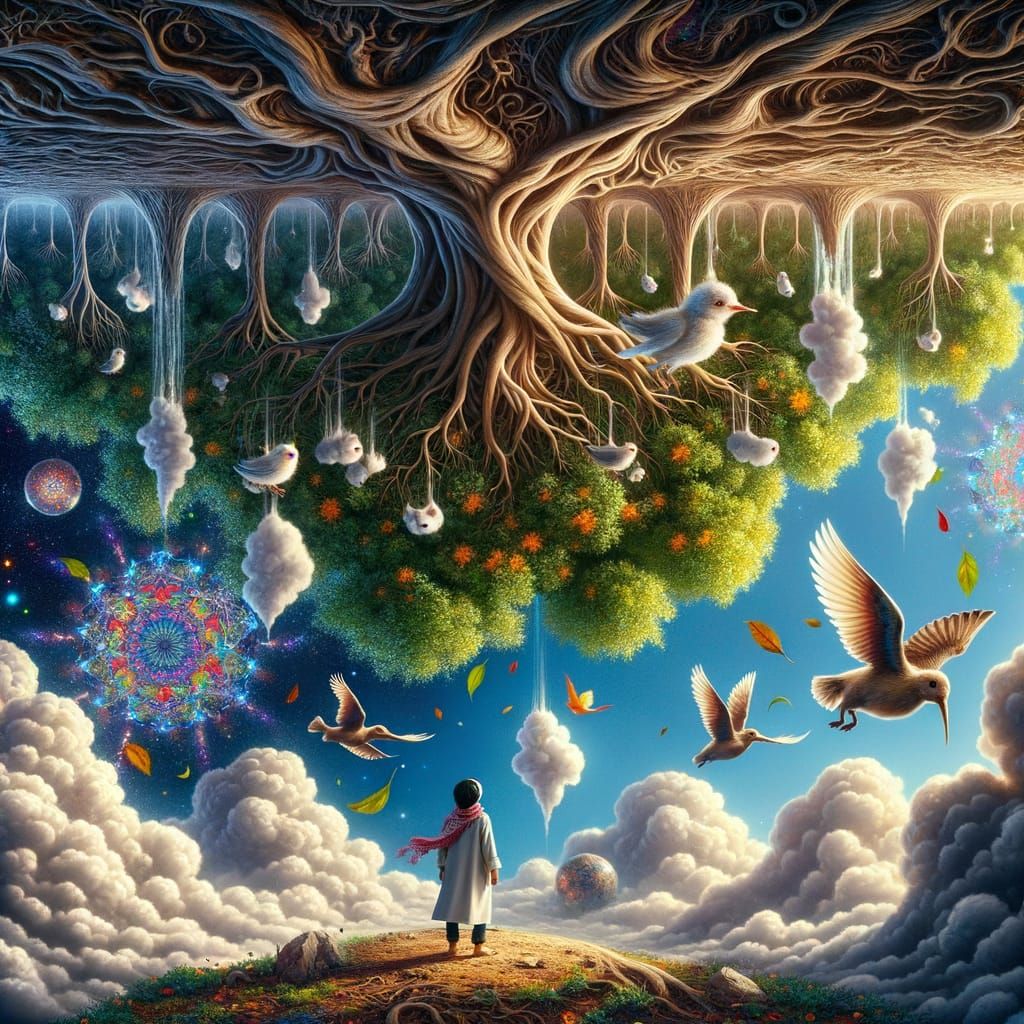 Surreal Upside-Down World with Tree Roots in the Sky and Fly...