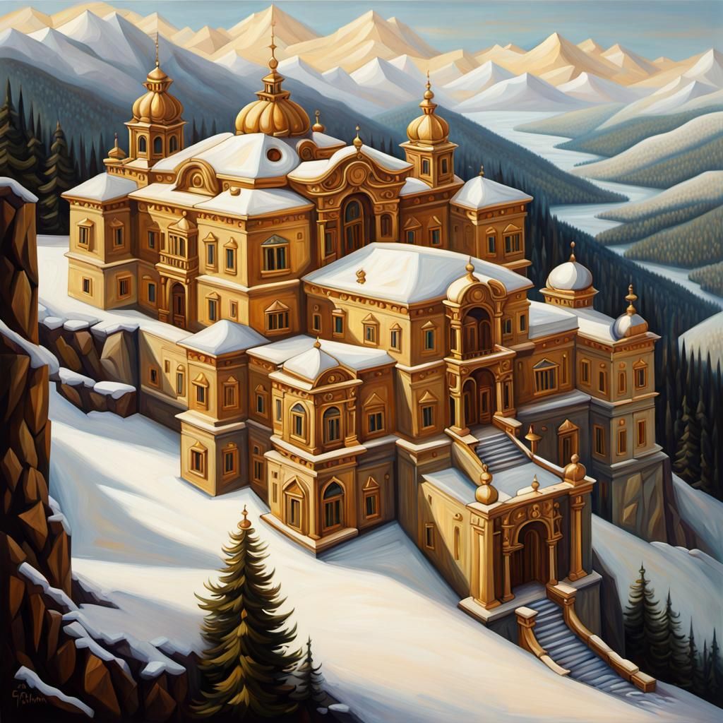 Modern Baroque Palace in Snowy Mountains, Oil Painting