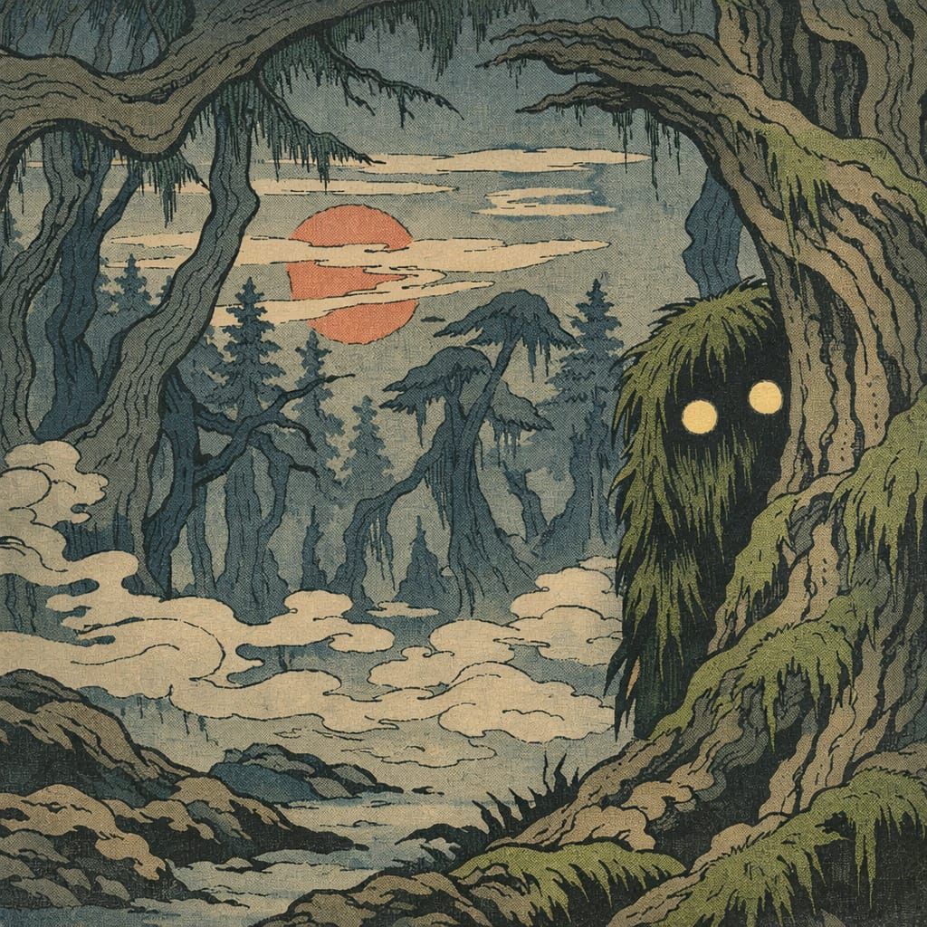 Moss Covered Cryptid in Ancient Forest Twilight