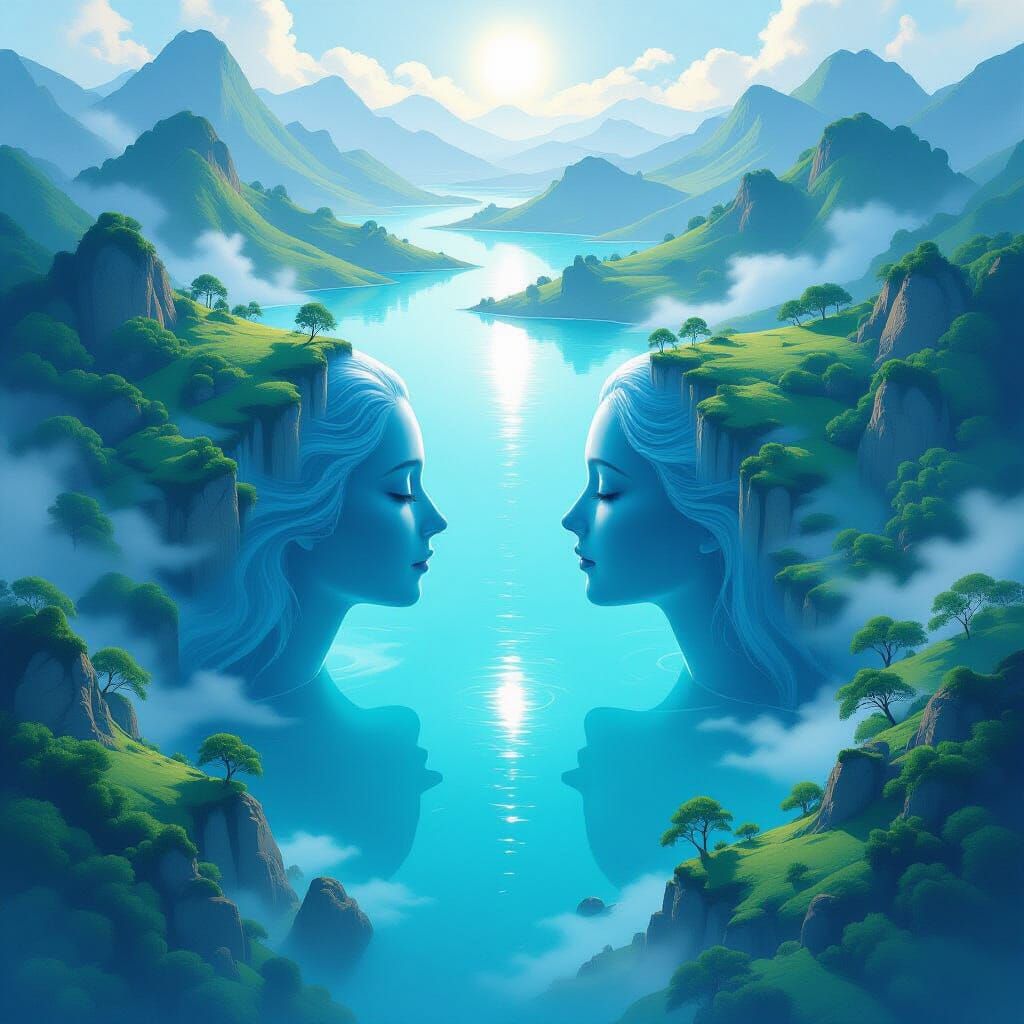 Sumi-e Style Fantasy Scene with Blue Lakes