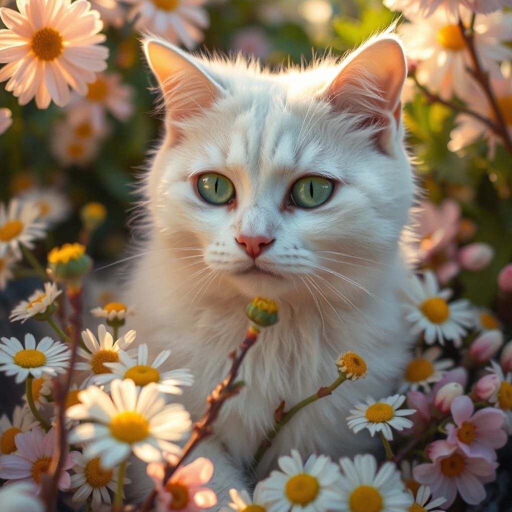 Emerald-Eyed Cat in Spring Flowers, Hyperrealistic