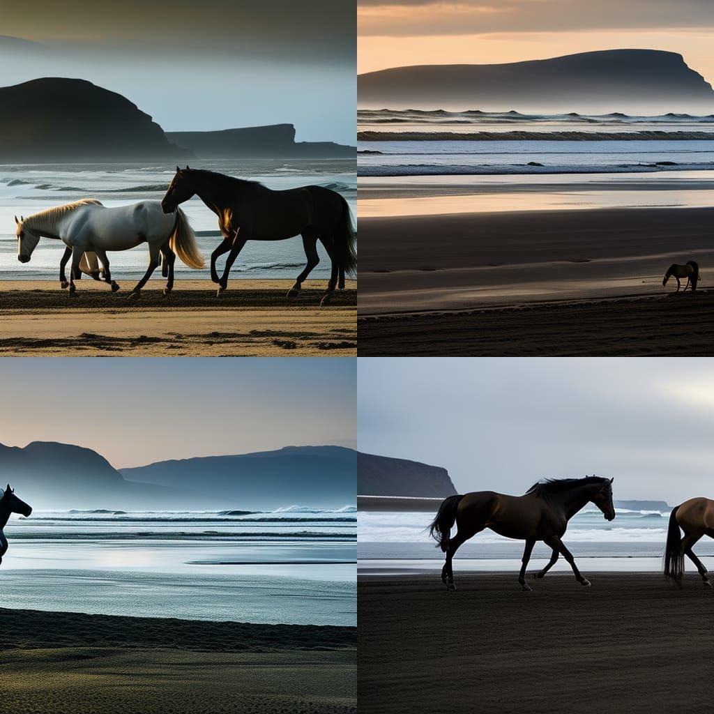 Jade and Gold Horses Race on Black Sand Beach