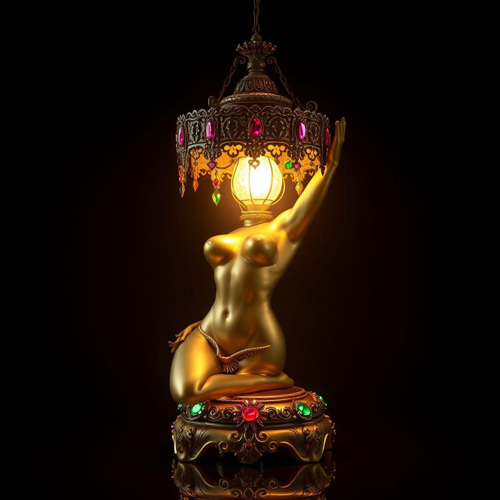 Gems and Gold: Ornate 3D Lamp with Golden Woman