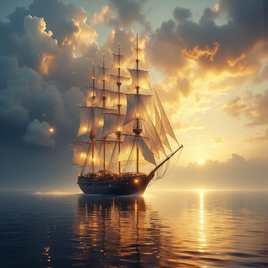 Tall Ship in Misty Sunrise Reflections, Watercolor Impressio...