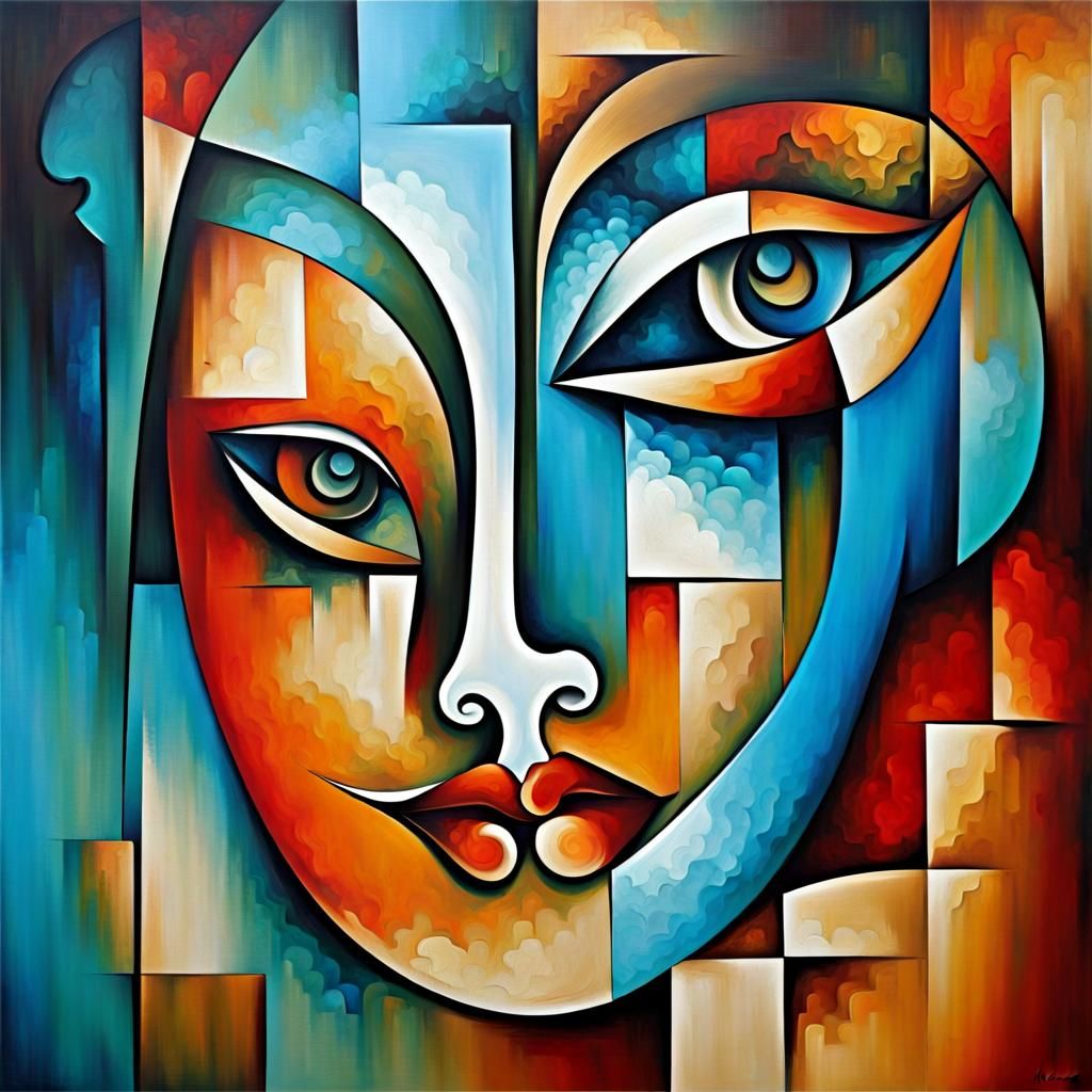Abstract Face Art in Cubism Style Painting