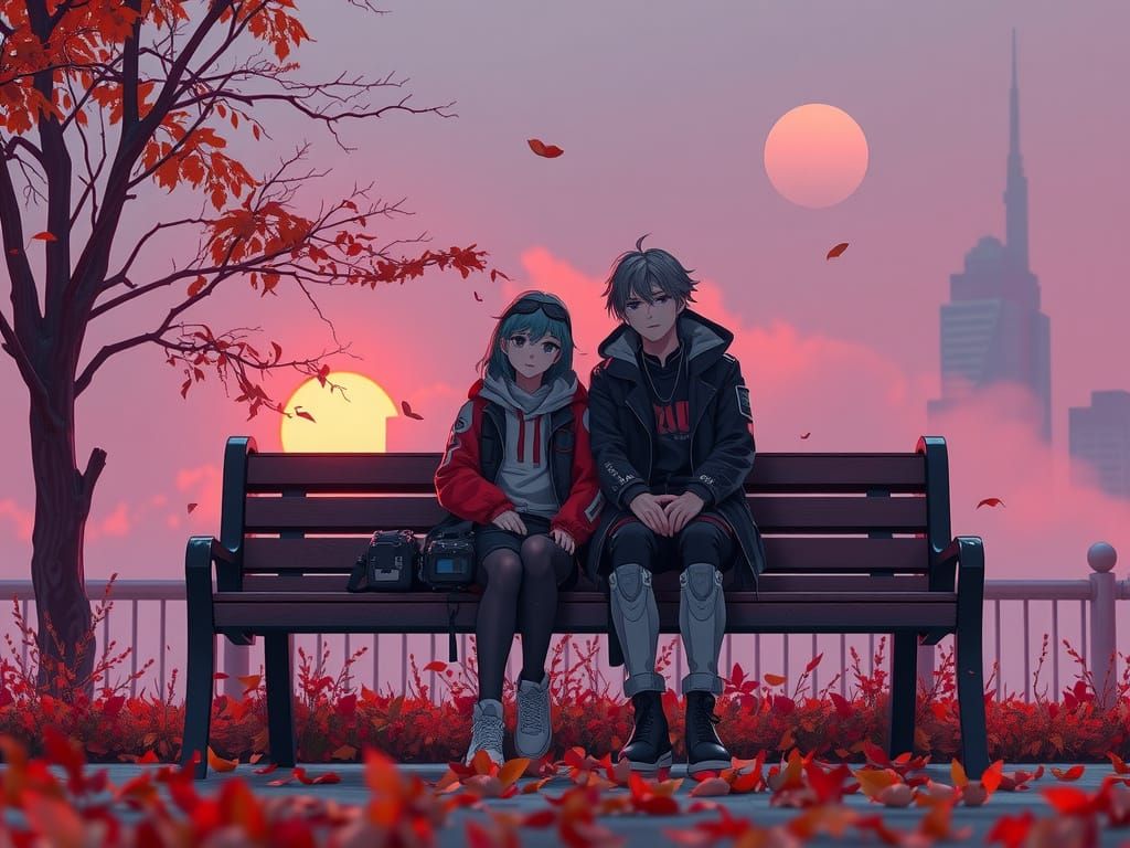Cyberpunk Anime couple sitting on a Tokyo park bench in the Autumn, sunset, fog, purple, orange & brown, hazy, Dan Witz ...