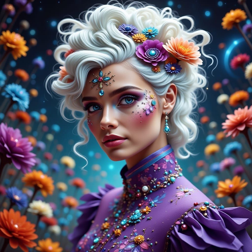 Ethereal Alien Goddess in Vibrant Floral Aesthetic
