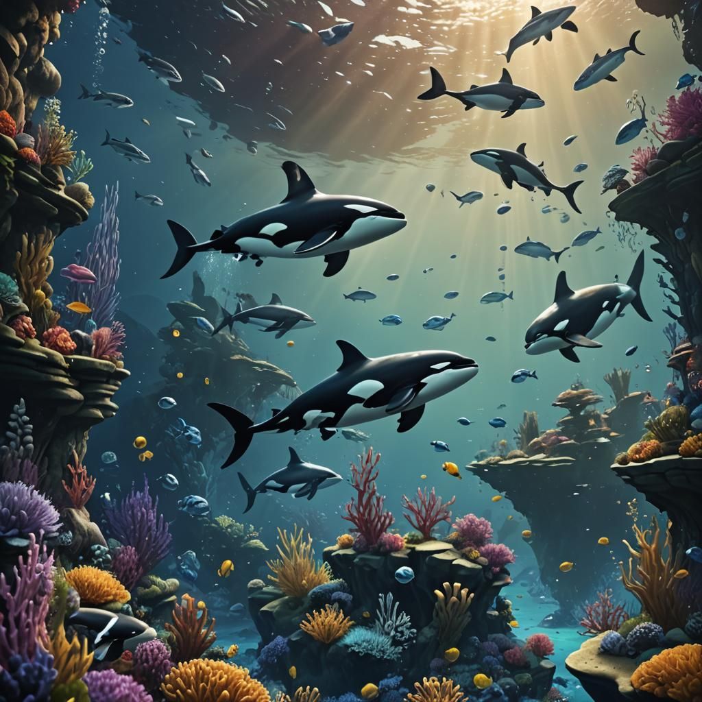 Underwater Scene with Orca Whale in Detailed Digital Paintin...