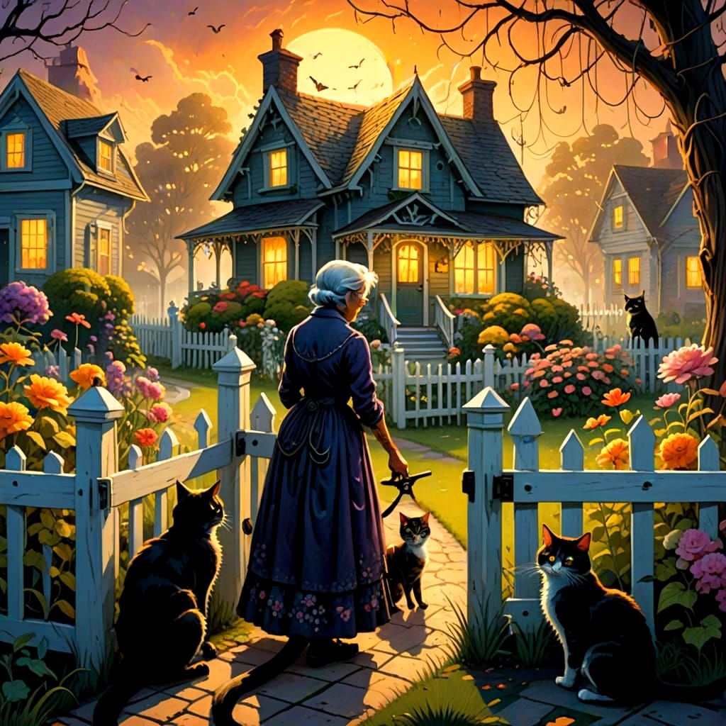 Whimsical Cottage Garden Scene with a Sinister Twist