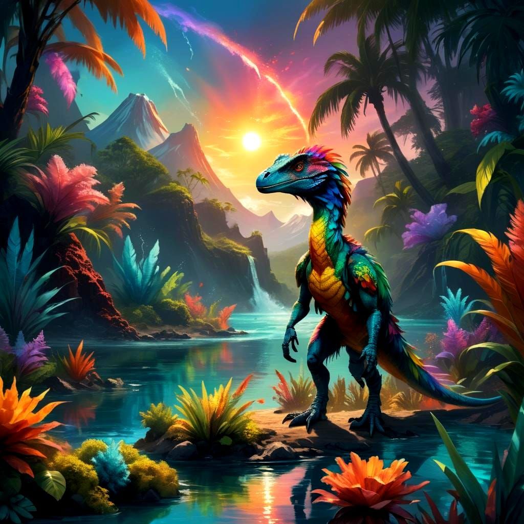 Rainbow Velociraptor on Alien World with Volcano