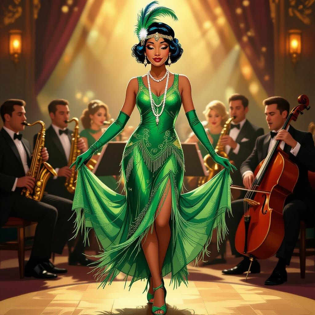 Tiana in Green Flapper Dress at Jazz Club, Art Nouveau Style