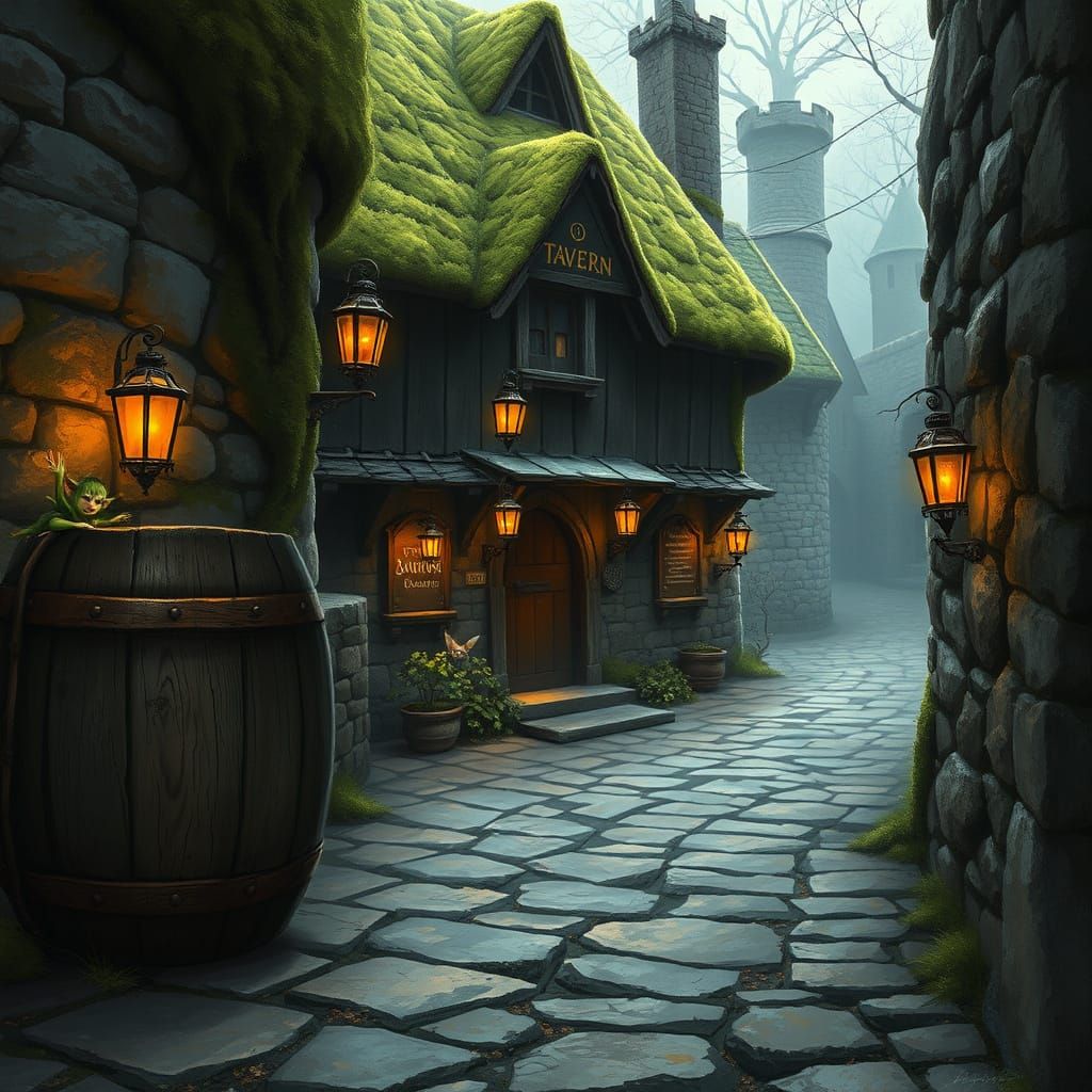 Ancient Mossy Tavern in Medieval Alley with Sprite