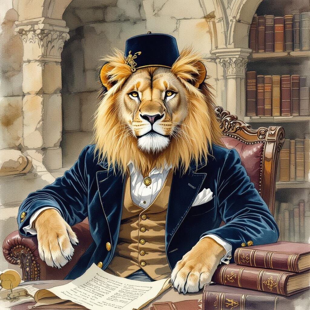 Lion Gentleman in Ruined Library, Watercolor Style