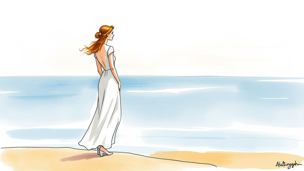 Minimalist Fashion Sketch: Ginger Model by the Sea