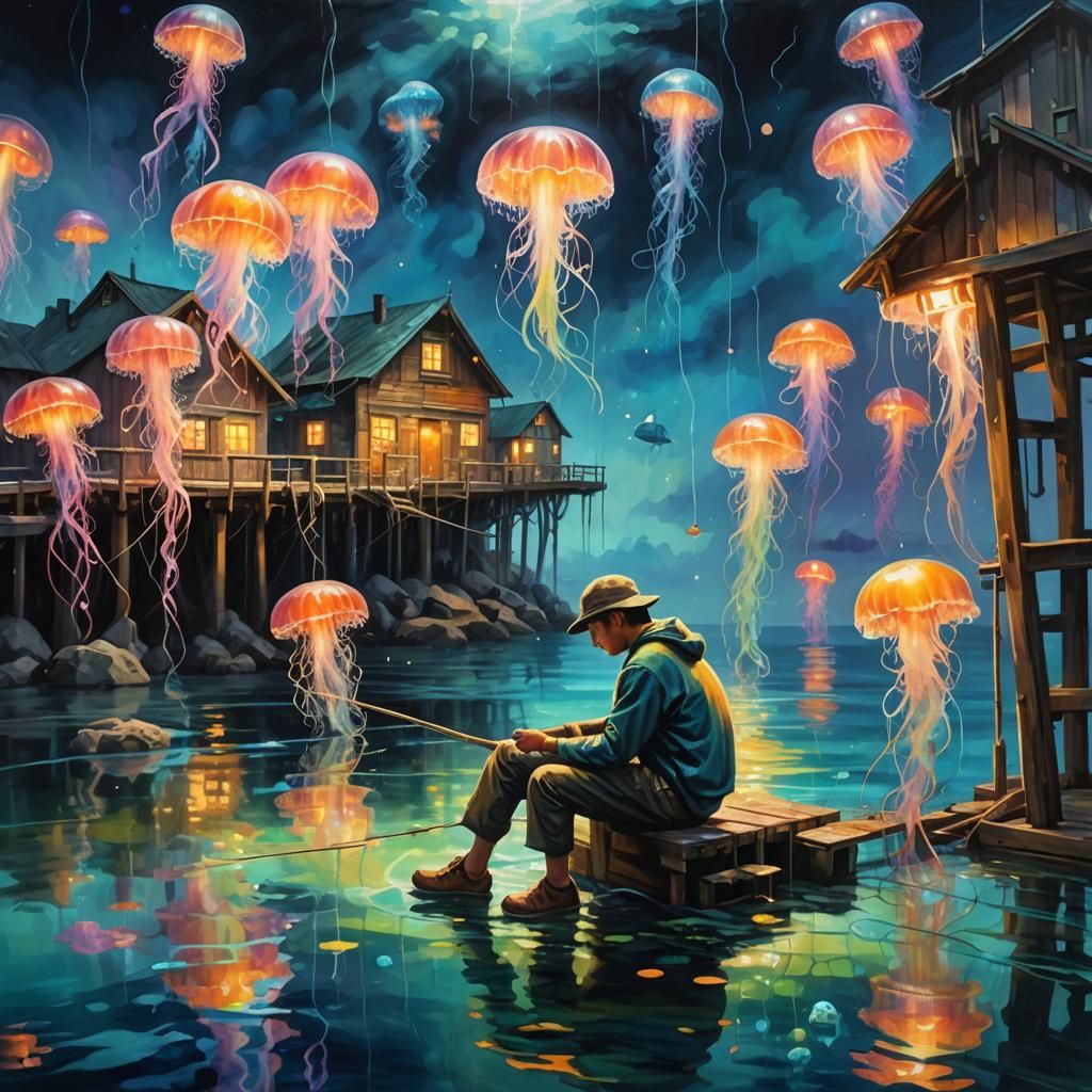 Mystical Bioluminescent Fishing Village at Night