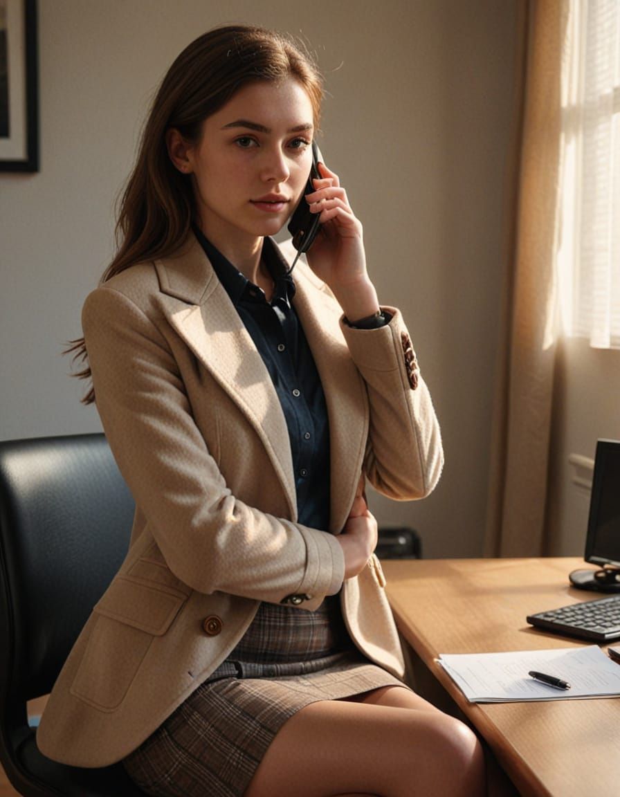 Young Woman in Coat Talking on Phone: Photorealistic Portrai...