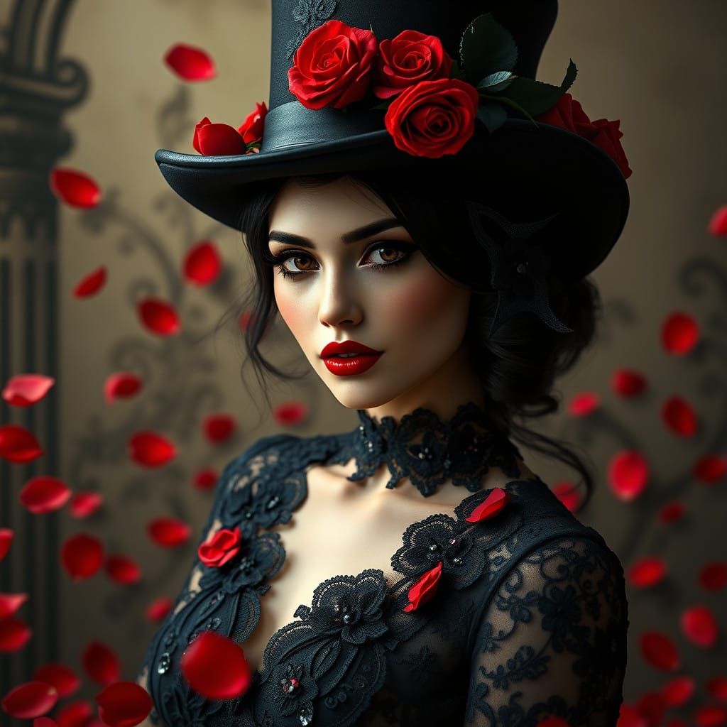 Elegant Gothic Woman in Red Rose Petals and Black Lace