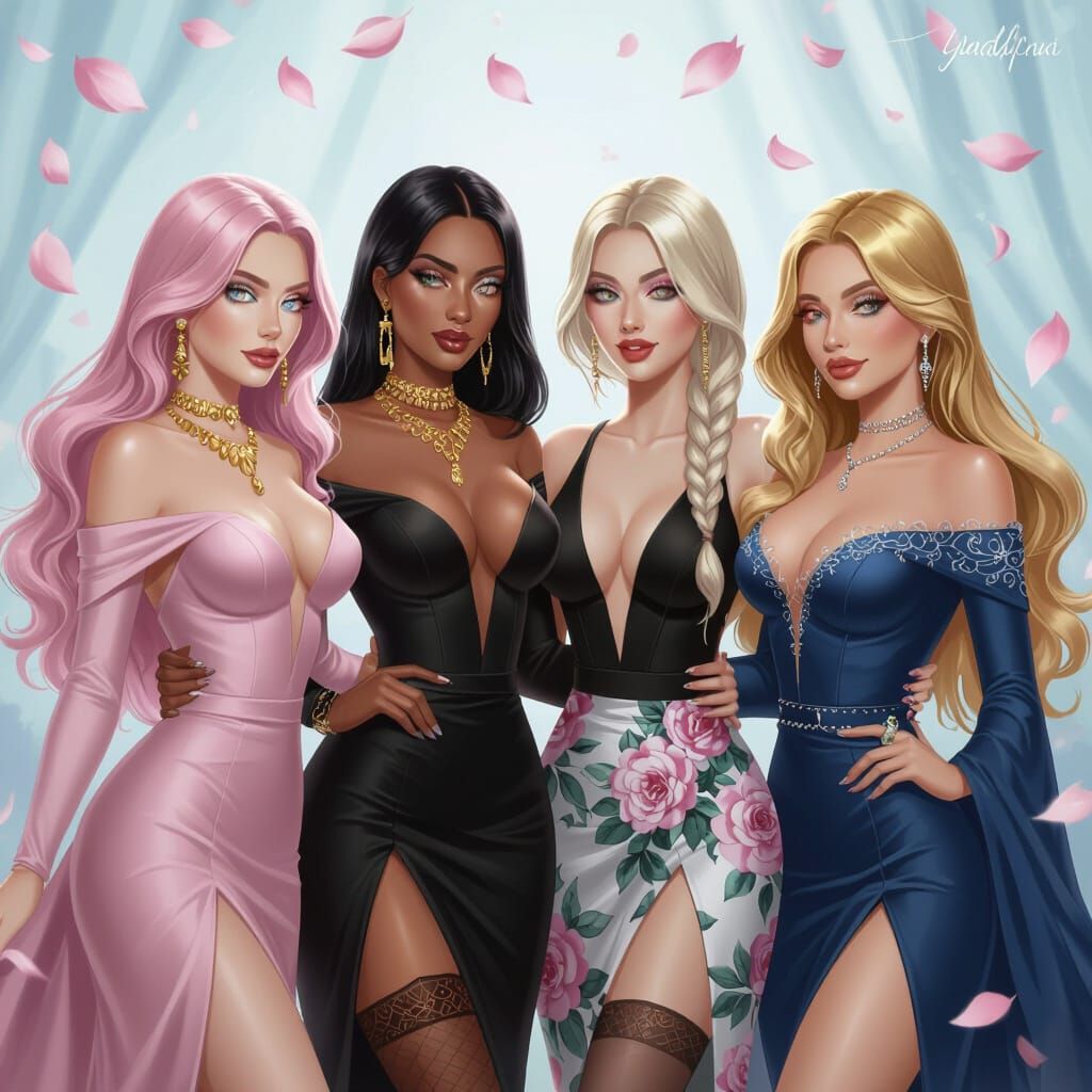 Enchanting Women in Dreamy Petal Scene