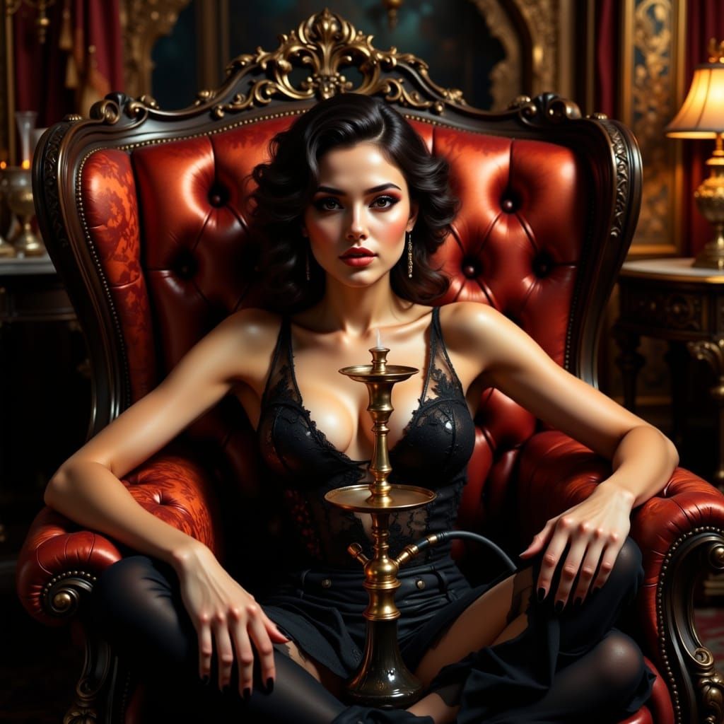 Elegant Woman in Chesterfield Chair, Film Noir Style