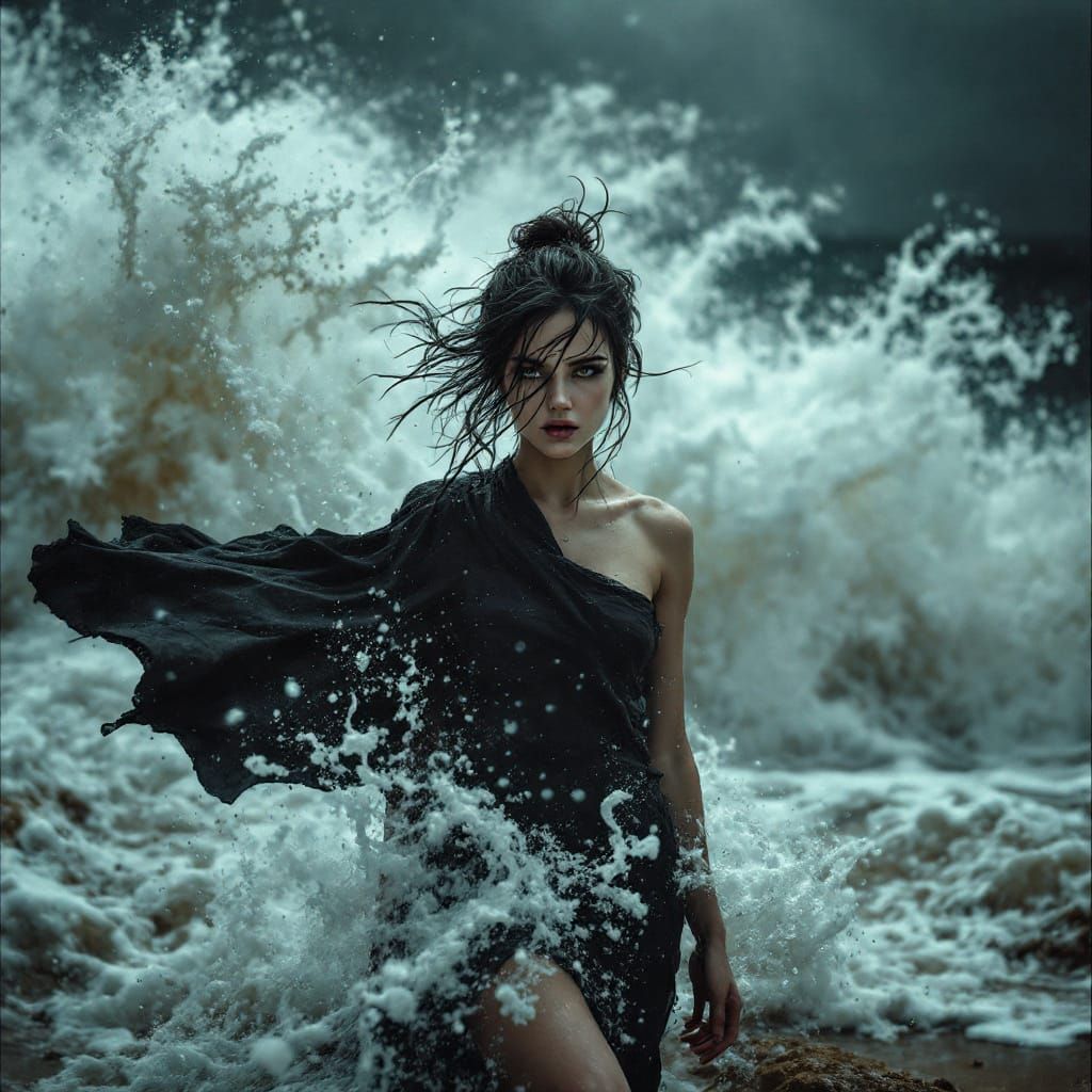 Woman Confronts Hurricane in Surreal Landscape