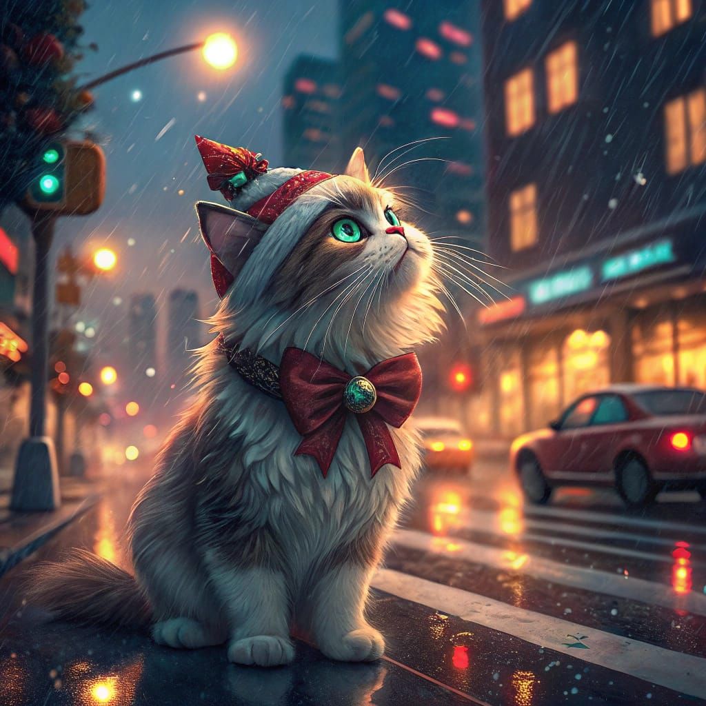 Festive City Cat Spotted Under Neon Lights