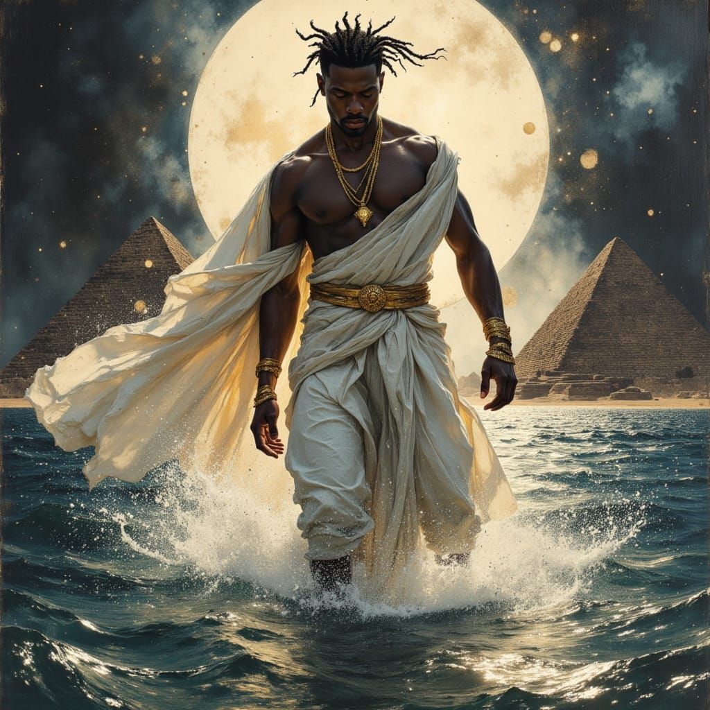 African God Emerges from Nile in Oil Painting Style