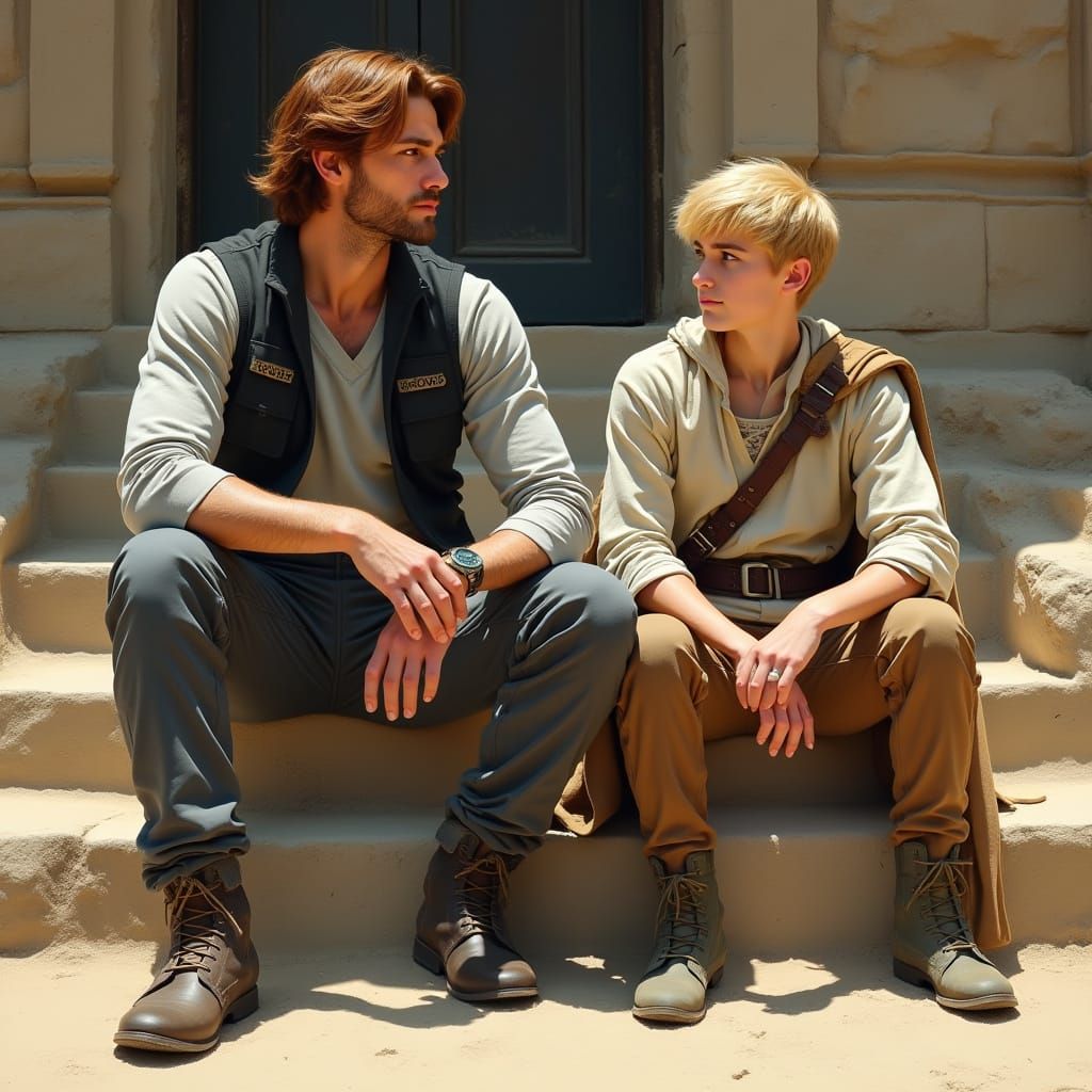 Hyperrealistic Portrait of Two Men on Sandstone Steps