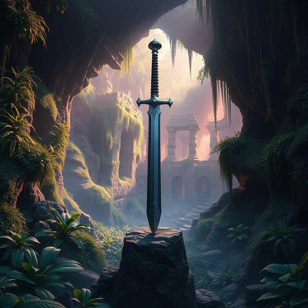 Dark Fantasy Greatsword in Ancient Ruins Grotto Scene Art