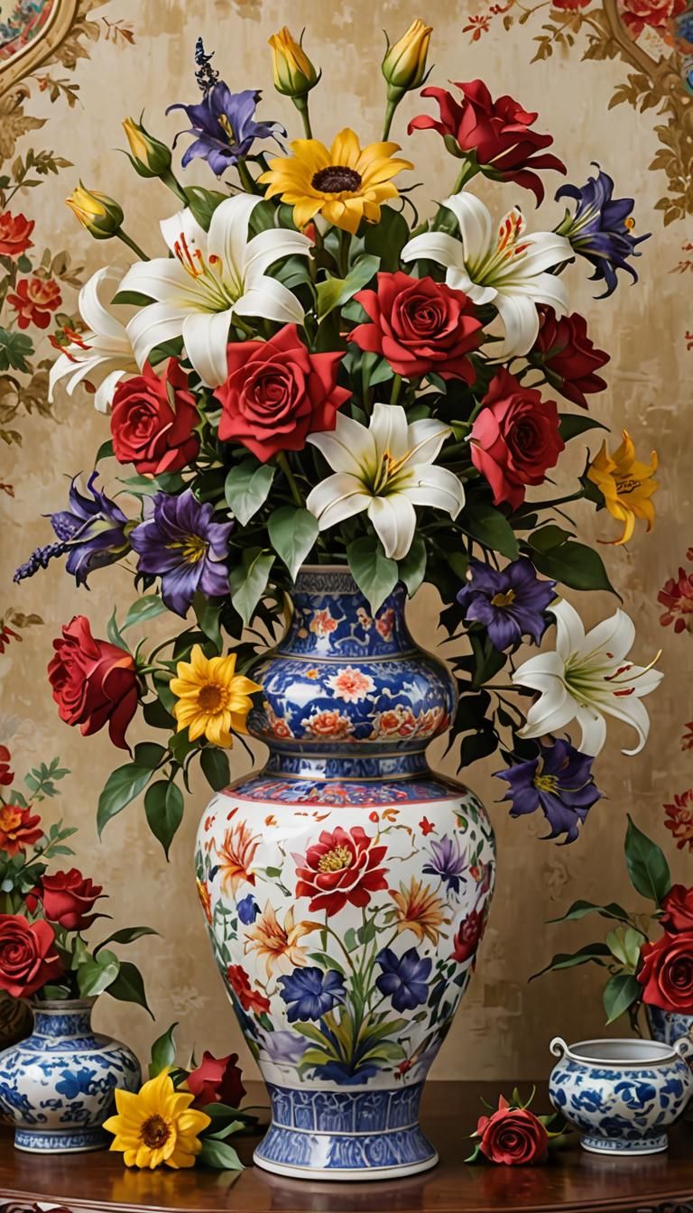 Floral Abundance in Antique Vase, Impressionist Splash Art