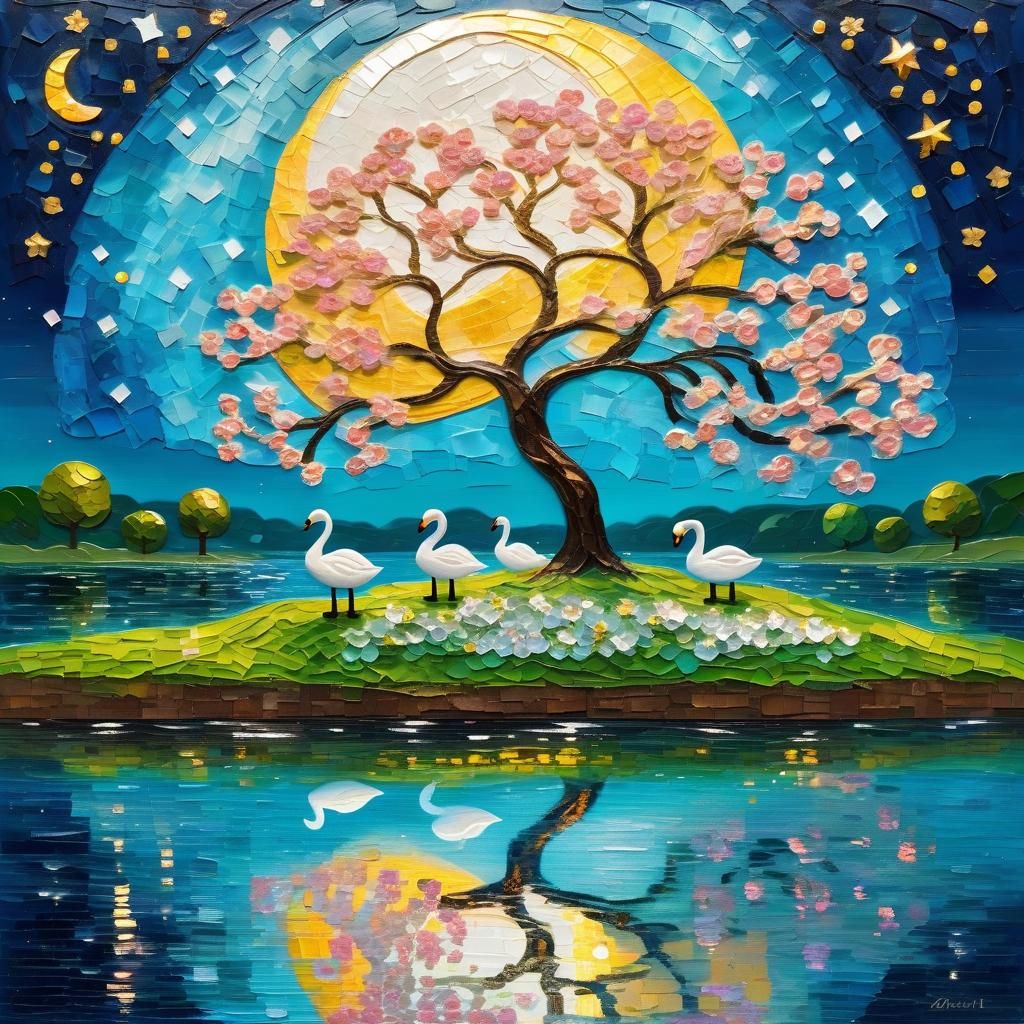 Dreamy Moonlit Island: Neo-Impressionist Impasto Painting
