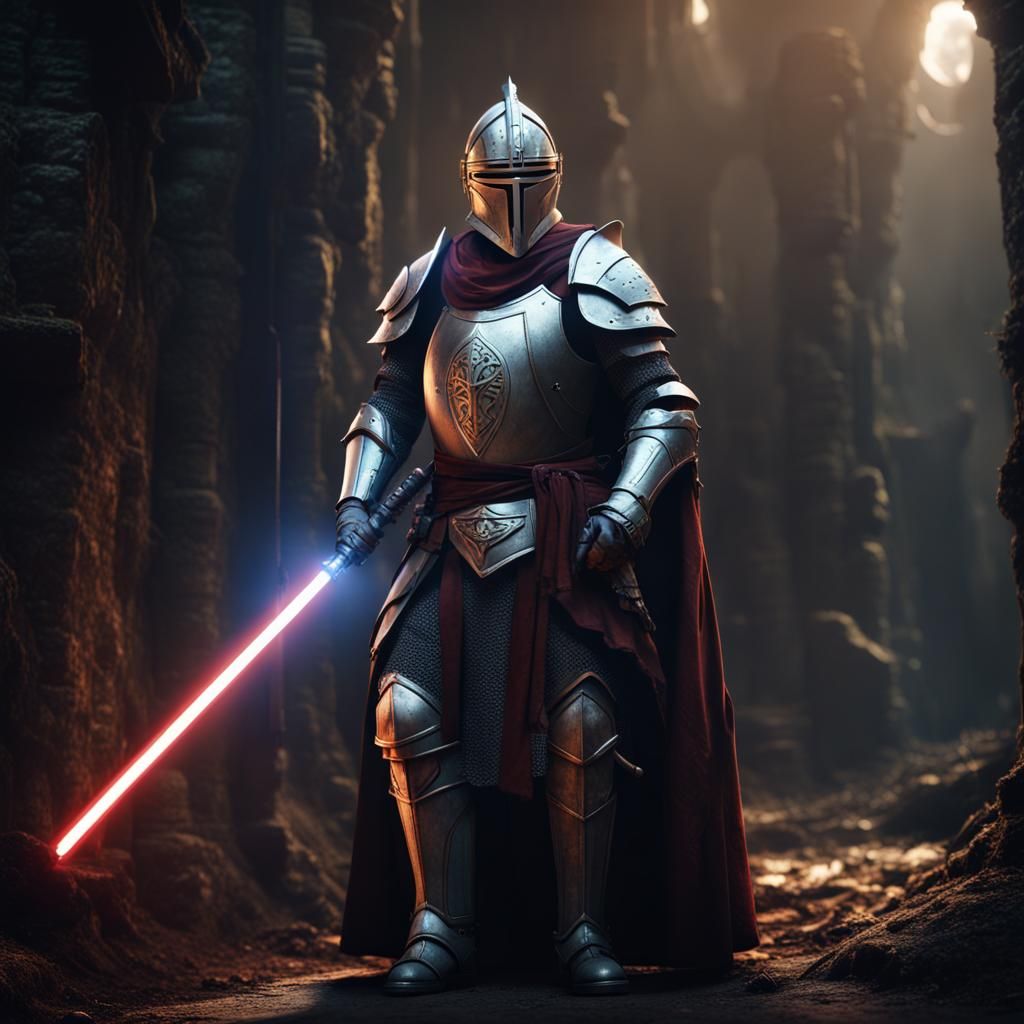 High-Tech Medieval Knight with Lightsaber in Dark Realm