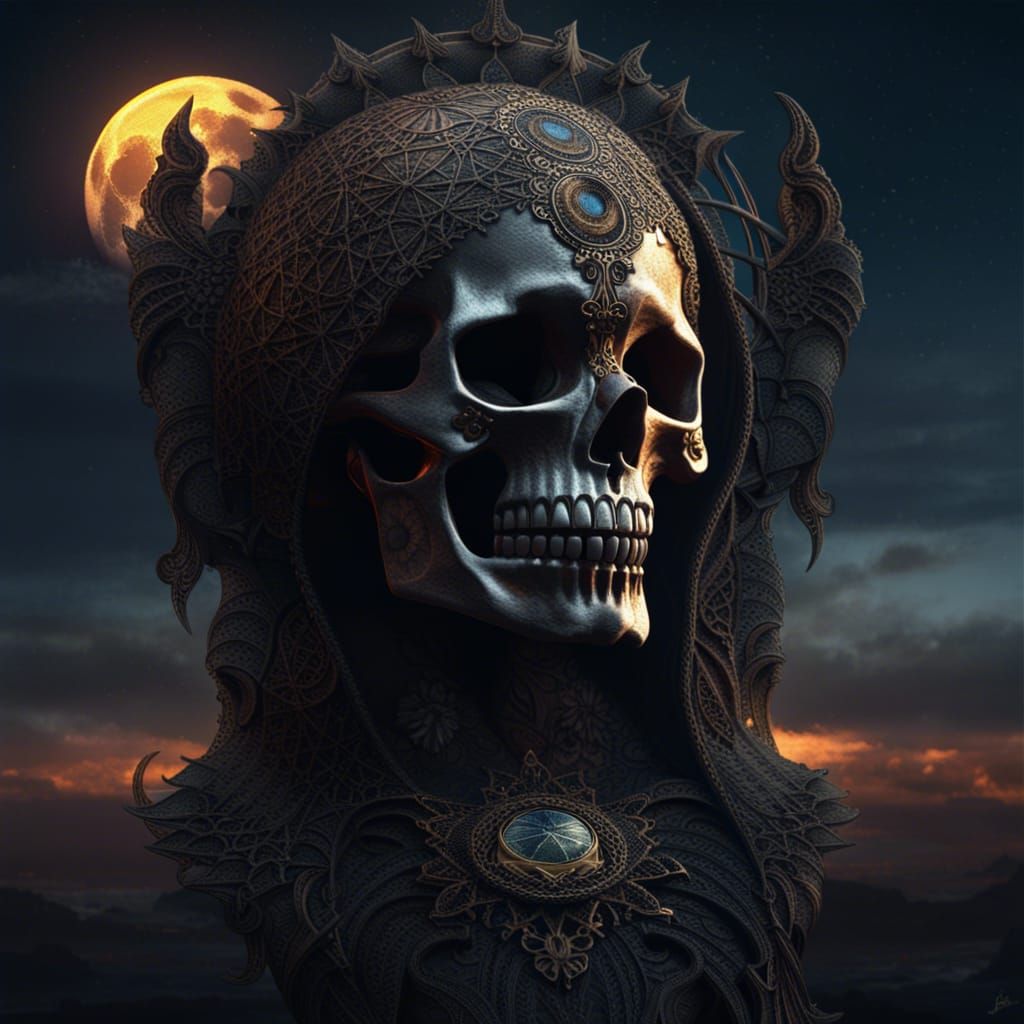 Lace surrounding a human skull, moon , Gothic