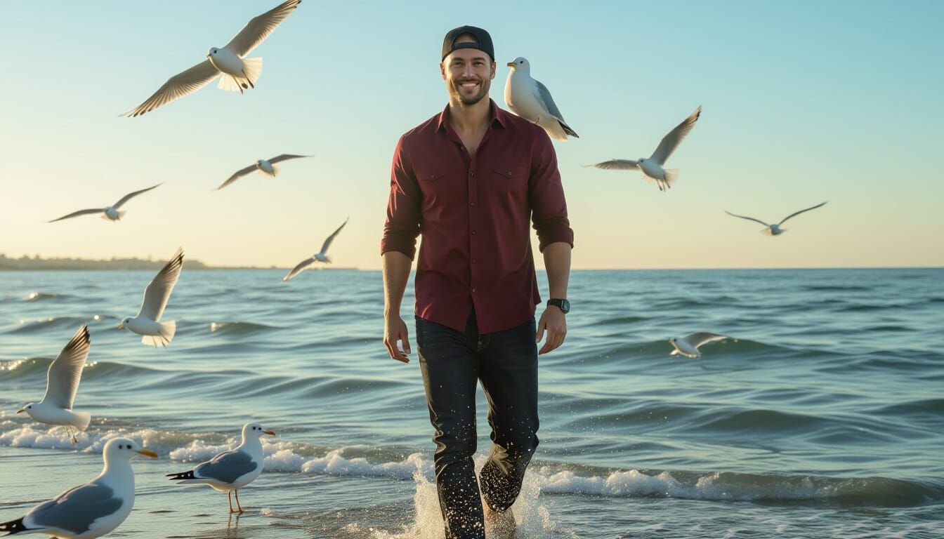 Man Poses on Beach in Red Shirt with Seagull