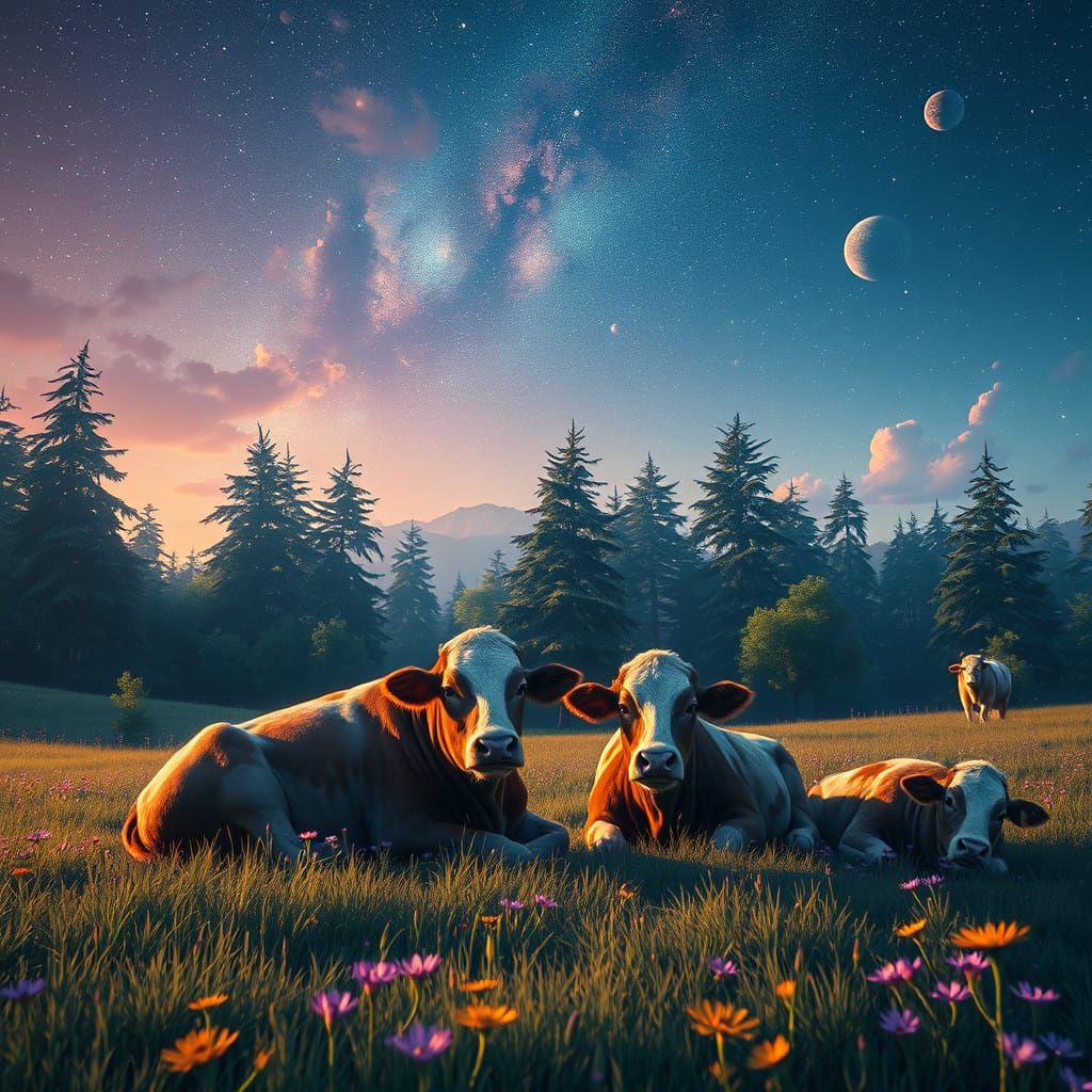 Whimsical Cows Bask Under Vibrant Starry Skies