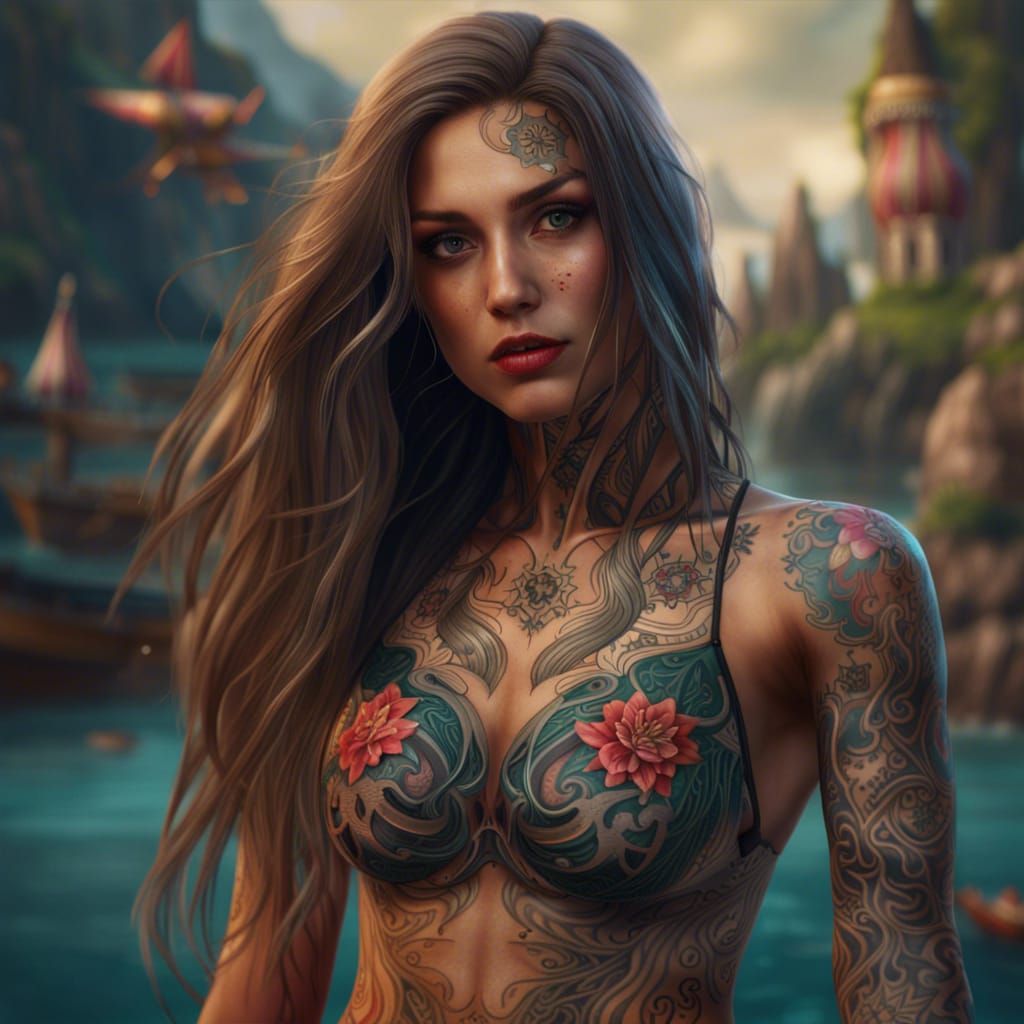 Tattooed Woman in Swimsuit: Fantasy Concept Art