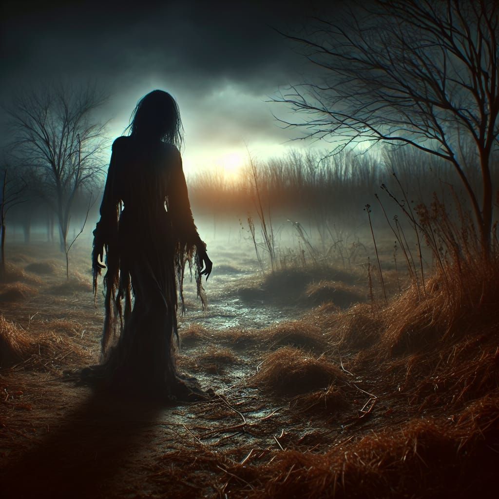 Eerie Living Dead Girl Wandering in Desolate Dusk